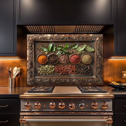 Copper Look Spice Bowls Print One Piece Tempered Glass Kitchen Splashback For Stove Behind, Kitchen Backsplash, Wall Art