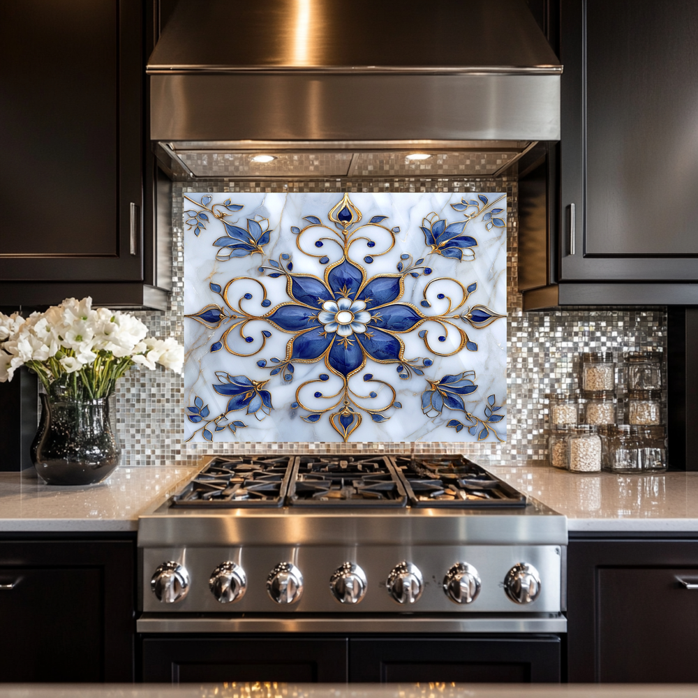 Blue Pattern Marble Look One Piece Tempered Glass Kitchen Splashback For Stove Behind, Kitchen Backsplash, Kitchen Backsplash, Wall Art