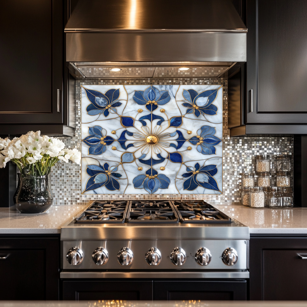 Blue&Gold Pattern Marble Look One Piece Tempered Glass Kitchen Splashback For Stove Behind, Kitchen Backsplash, Kitchen Backsplash, Wall Art