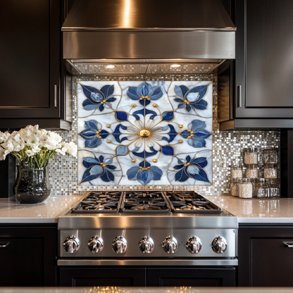 Blue&Gold Pattern Marble Look One Piece Tempered Glass Kitchen Splashback For Stove Behind, Kitchen Backsplash, Kitchen Backsplash, Wall Art