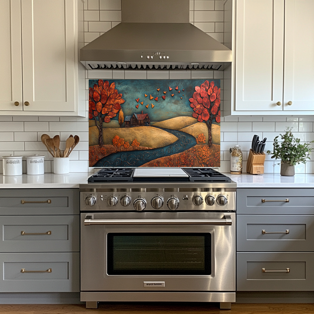 Romantic House Landscape with Hearts Printed Tempered Glass Kitchen Backsplash Splashback or Wall Art Panel for Cozy Home Decor