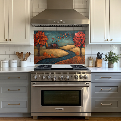 Romantic House Landscape with Hearts Printed Tempered Glass Kitchen Backsplash Splashback or Wall Art Panel for Cozy Home Decor