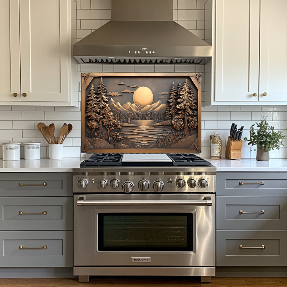 Copper Look Landscape Printed Tempered Glass Kitchen Splashback Backsplash Decorative Wall Art Panel for Modern Interiors