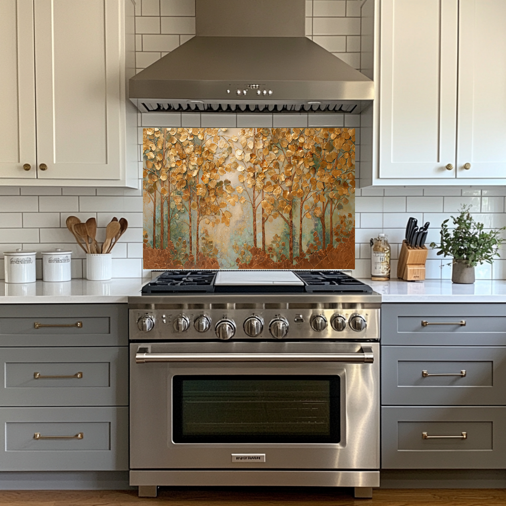 Forest Nature Artwork in Copper Tones Printed Tempered Glass Kitchen Splashback Backsplash Wall Panel for Modern Rustic Decor