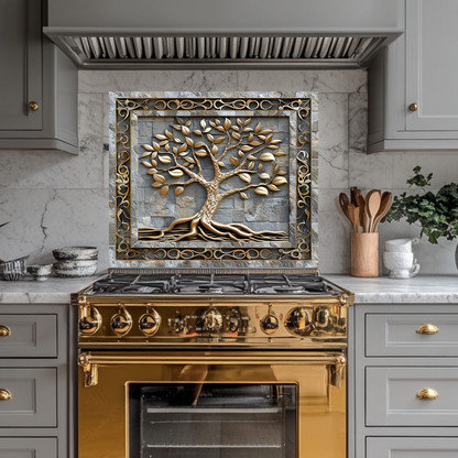 Carved Look Tree of Life Print One Piece Tempered Glass Kitchen Splashback For Stove Behind, Kitchen Backsplash, Wall Art