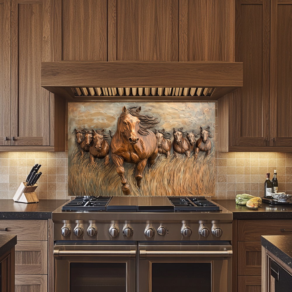 Glass Backsplash with Copper Horses, Tempered Wall Art Panel, Horse Kitchen Decor, Rustic Animal Tile