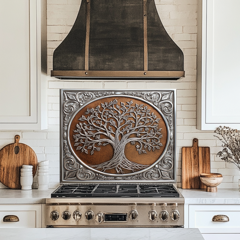 Glass Backsplash, Copper Look One Piece Tempered Glass Kitchen Splashback for Stove Behind, Tree of Life Backsplash, Kitchen Backsplash