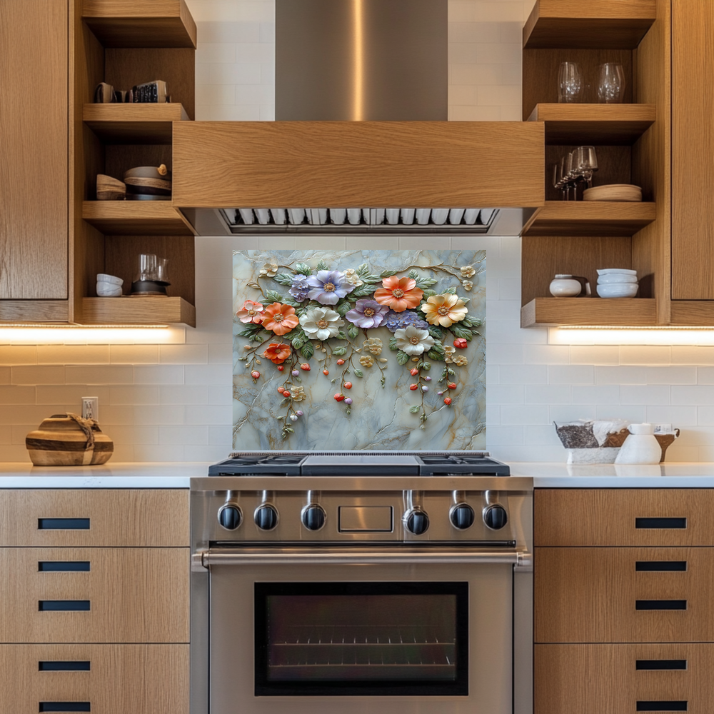 Embossed Flowers One Piece Tempered Glass Kitchen Splashback For Stove Behind, Kitchen Backsplash, Wall Art