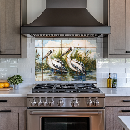 Two Pelican Prints One Piece Tempered Glass Kitchen Splashback For Stove Behind, Kitchen Backsplash, Wall Art