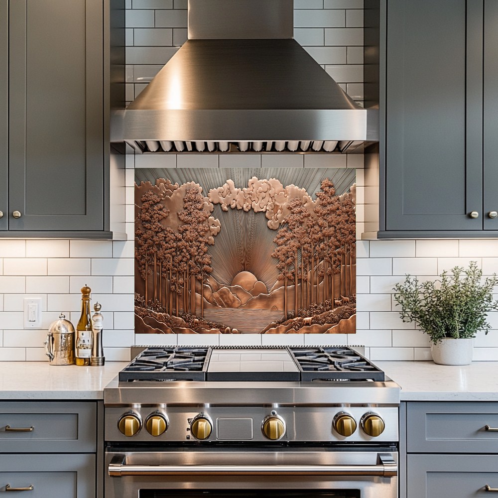 Copper Tone Sun Shine & Glass Tree Landscape Printed Tempered Glass Kitchen Backsplash Splashback or Wall Art Panel