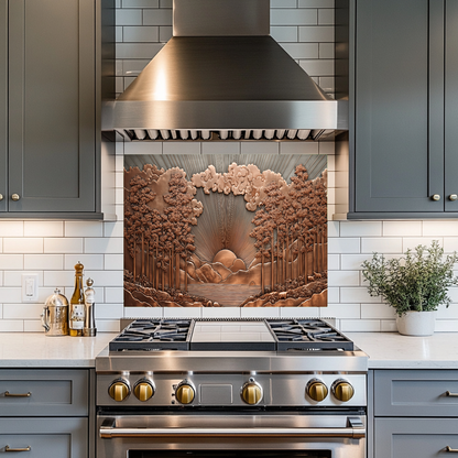 Copper Tone Sun Shine & Glass Tree Landscape Printed Tempered Glass Kitchen Backsplash Splashback or Wall Art Panel