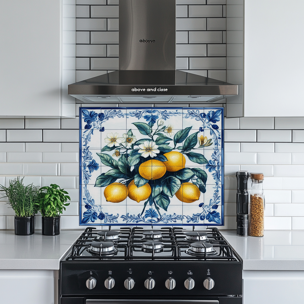 Lemon Branches One Piece Tempered Glass Kitchen Splashback For Stove Behind, Kitchen Backsplash, Wall Art