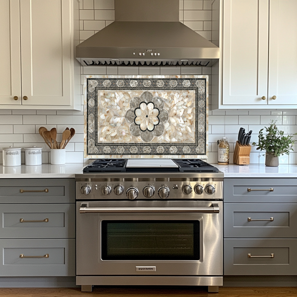 Ottoman Pattern on Marble Print Background Glass Backsplash for Kitchen Stove, Custom Wall Art, Heat-Resistant Kitchen Decor