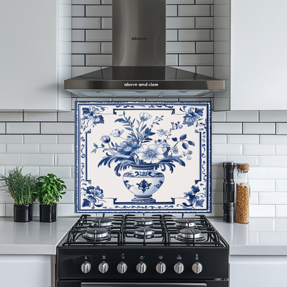 Delft Blue Vase One Piece Tempered Glass Kitchen Splashback For Stove Behind, Kitchen Backsplash, Wall Art
