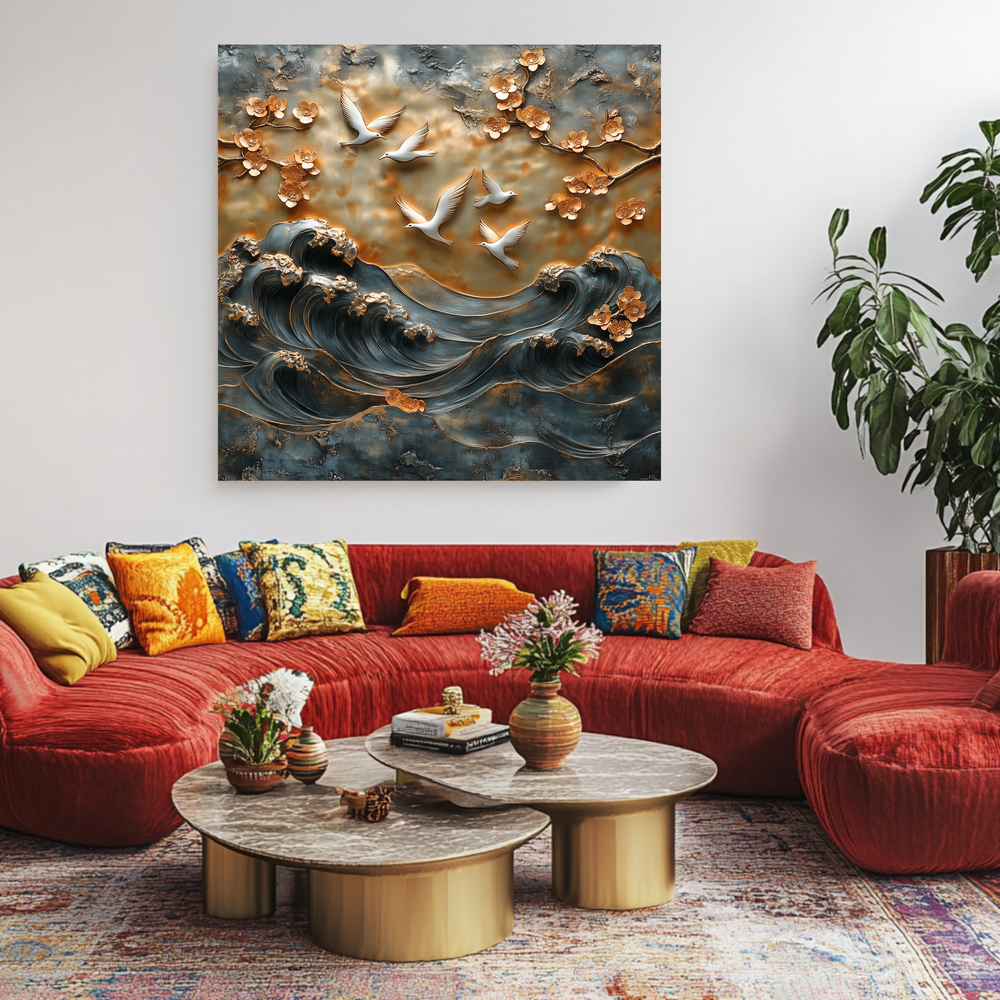 Waves and Pigeons Prints One Piece Tempered Glass Kitchen Splashback For Stove Behind, Kitchen Backsplash, Wall Art