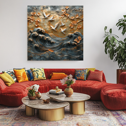 Waves and Pigeons Prints One Piece Tempered Glass Kitchen Splashback For Stove Behind, Kitchen Backsplash, Wall Art