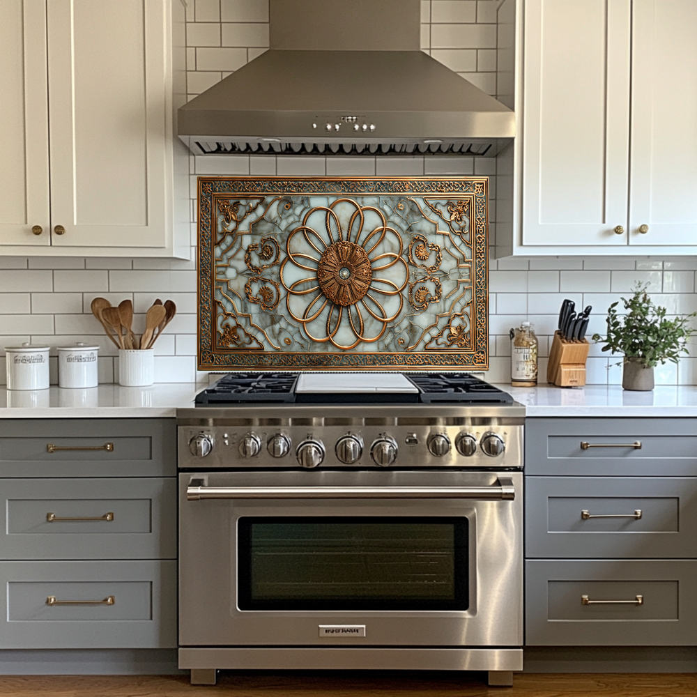 Copper Look Ottoman Tile Pattern Printed Tempered Glass Kitchen Backsplash Decorative Wall Panel for Stove Behind and Interior Decor