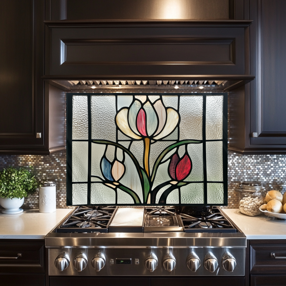 Tulips Stained Glass Look One Piece Tempered Glass Kitchen Splashback For Stove Behind, Kitchen Backsplash, Kitchen Backsplash, Wall Art