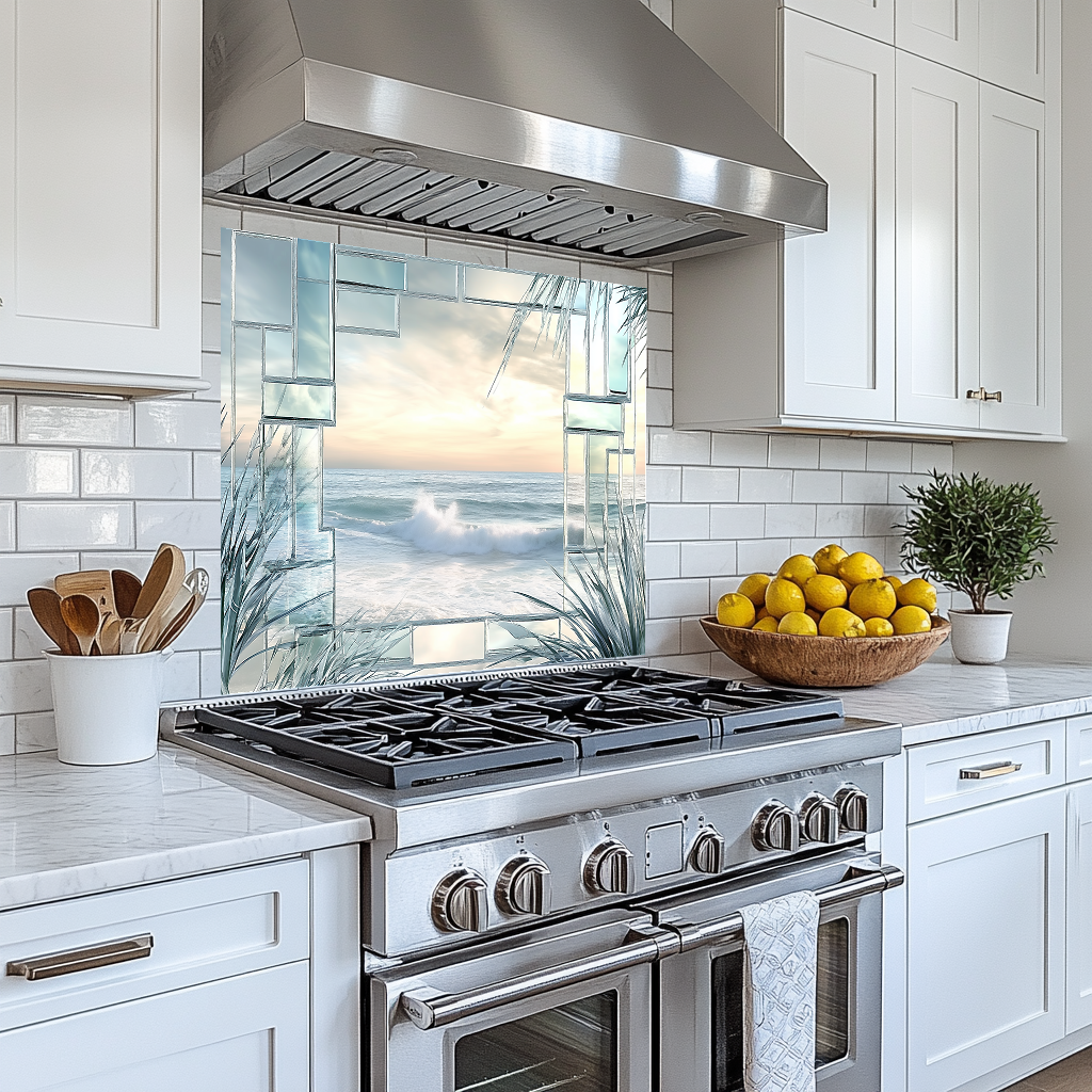 Ocean Landscape Scene Printed Tempered Glass Kitchen Backsplash Splashback Decorative Wall Art Panel for Modern Coastal Home Decor