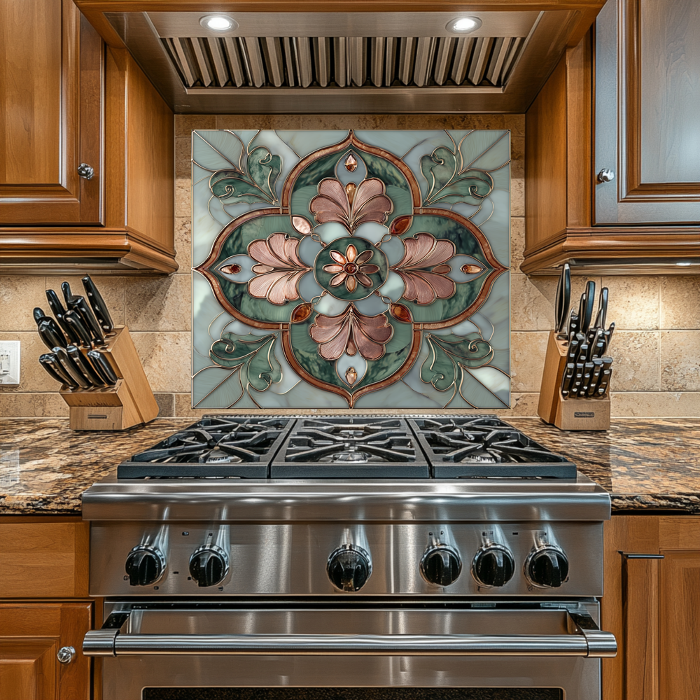 Green Glass Backsplash, Ottoman Tile Look Tempered Glass Kitchen Splashback For Stove Behind, Copper Look Backsplash, Oven Backsplashes