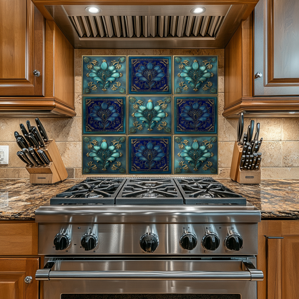 Glass Backsplash, Pattern Tile Look One Piece Tempered Glass Kitchen Splashback For Stove Behind, Blue Tile Backsplash, Kitchen Backsplash