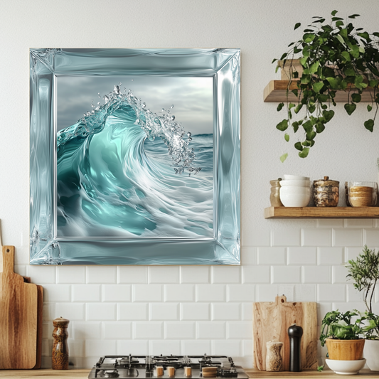 Ocean Wave Framed Look One Piece Tempered Glass Kitchen Backsplash for Stove Behind, Kitchen Splashback, Glass Wall Art
