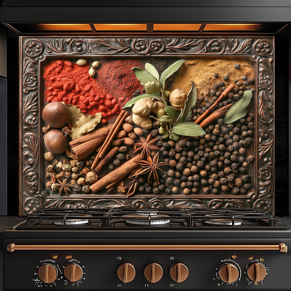 Copper Look Spices Print One Piece Tempered Glass Kitchen Splashback For Stove Behind, Kitchen Backsplash, Wall Art