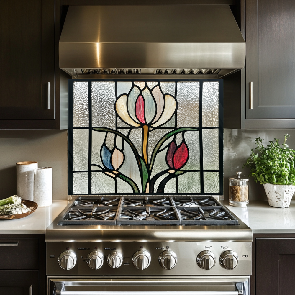 Tulips Stained Glass Look One Piece Tempered Glass Kitchen Splashback For Stove Behind, Kitchen Backsplash, Kitchen Backsplash, Wall Art