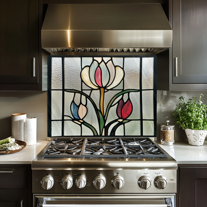 Tulips Stained Glass Look One Piece Tempered Glass Kitchen Splashback For Stove Behind, Kitchen Backsplash, Kitchen Backsplash, Wall Art