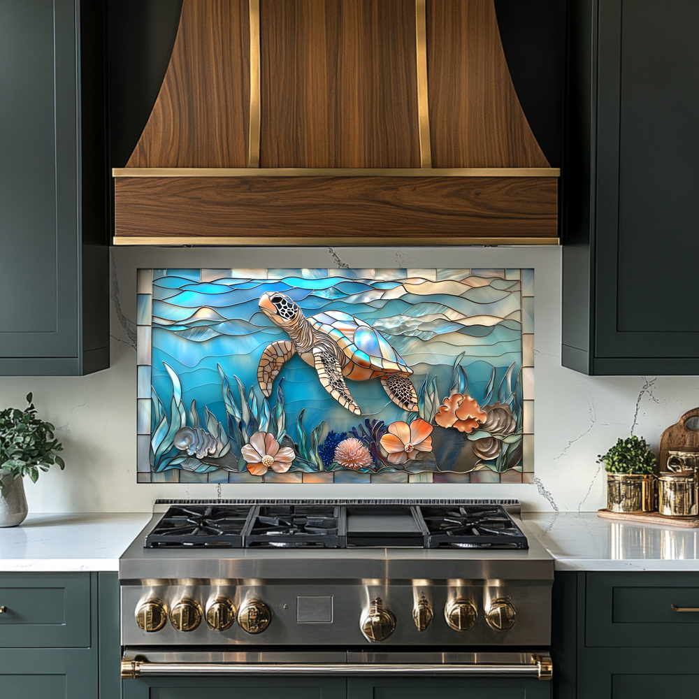 Sea Turtle Print One Piece Tempered Glass Kitchen Splashback For Stove Behind, Kitchen Backsplash, Wall Art, Kitchen Backsplash, Wall Art
