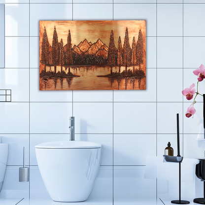 Copper Tone Mountain & Glass Tree Landscape Printed Tempered Glass Kitchen Backsplash Splashback or Wall Art Panel