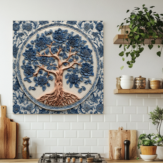 Delft Blue Tree of Life Kitchen Glass Backsplash • Stove Behind Cover • Nature Inspired Kitchen Splashback Panel • Colorful Home Decor