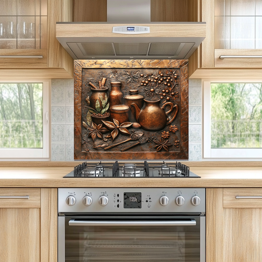 Copper Look Spice Bottles Print One Piece Tempered Glass Kitchen Splashback For Stove Behind, Kitchen Backsplash, Wall Art
