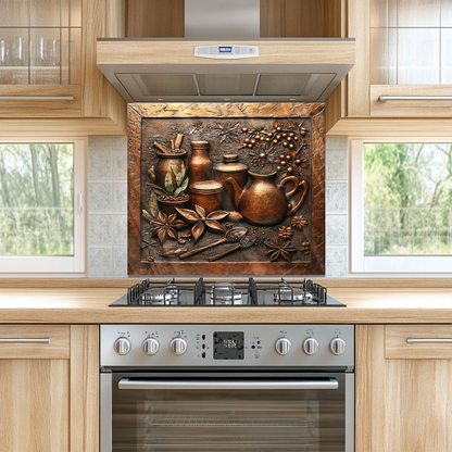 Copper Look Spice Bottles Print One Piece Tempered Glass Kitchen Splashback For Stove Behind, Kitchen Backsplash, Wall Art