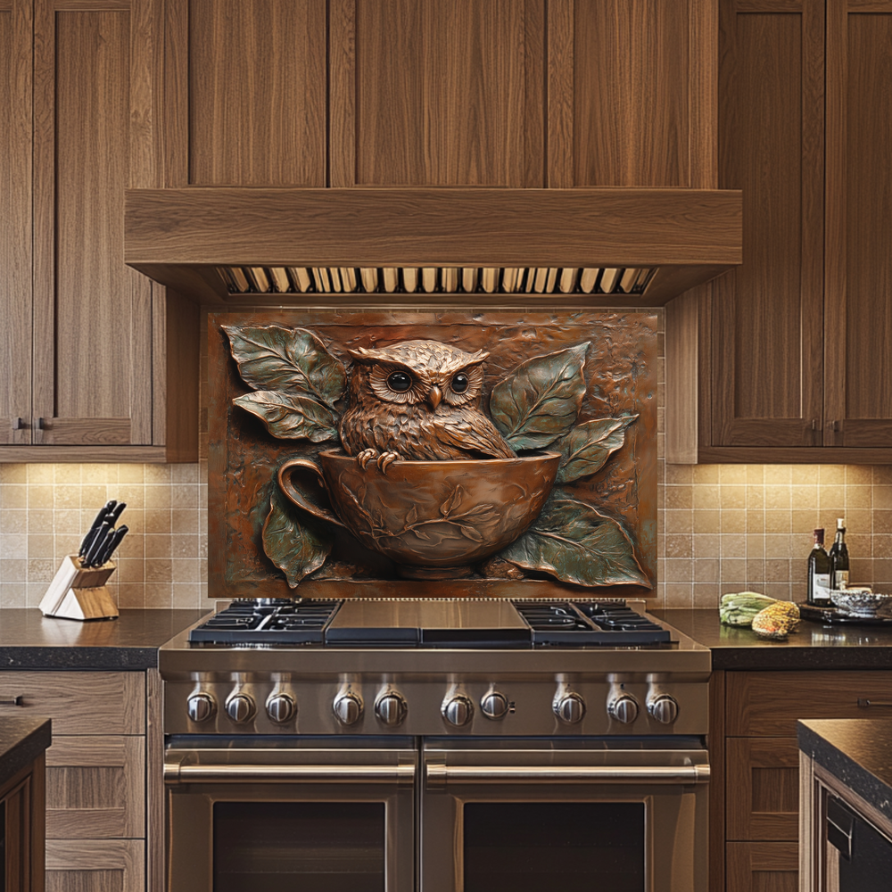 Rustic Owl Copper Look Glass Backsplash Panel, Embossed Style Owl Print on Tempered Glass Wall Art, Artistic Kitchen Splashback