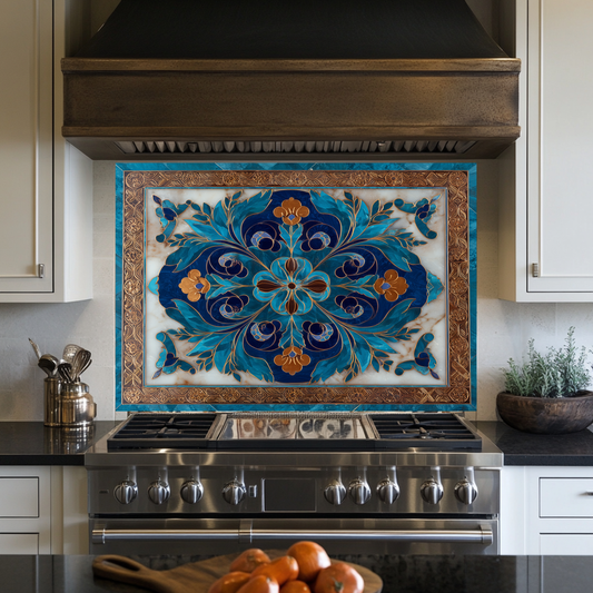 Blue Traditional Glass Backsplash Panel for Kitchen, Tempered Glass Wall Art, Classic Tile Pattern Decor