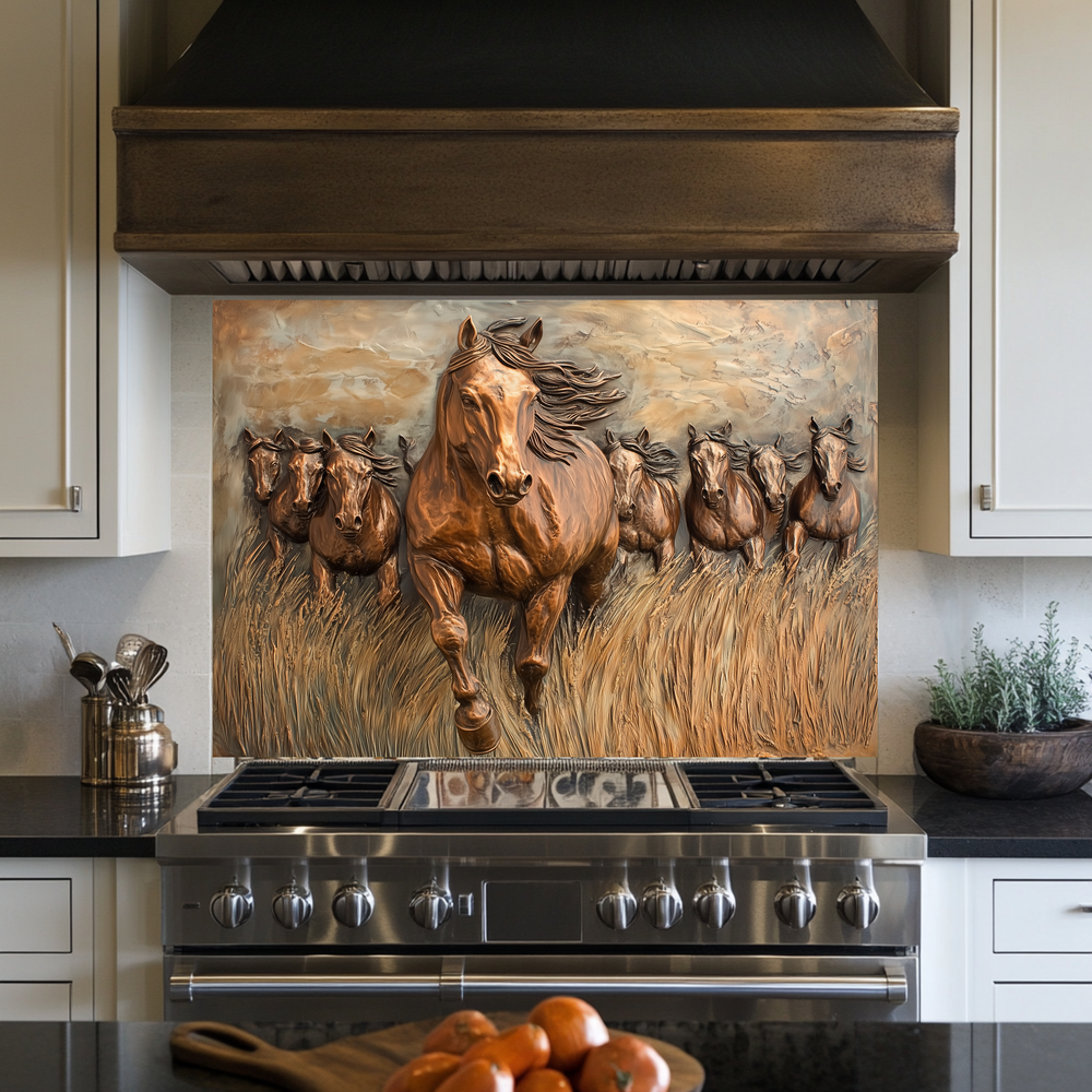 Glass Backsplash with Copper Horses, Tempered Wall Art Panel, Horse Kitchen Decor, Rustic Animal Tile