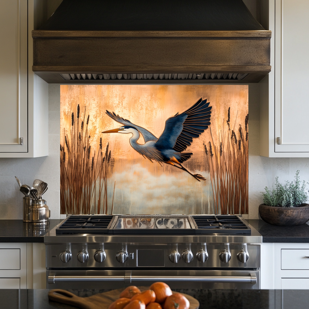 Copper Blue Heron Glass Backsplash Panel, Nature Inspired Kitchen Wall Art, Bird Theme Decorative Glass Tile, Rustic Coastal Home Decor