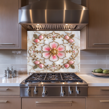 Pink&Gold Pattern Marble Look One Piece Tempered Glass Kitchen Splashback For Stove Behind, Kitchen Backsplash, Kitchen Backsplash, Wall Art