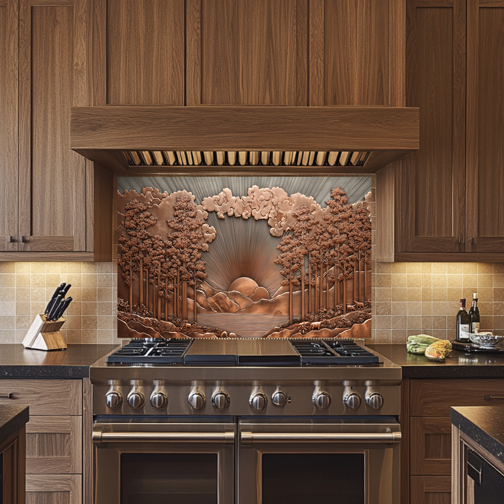 Copper Tone Sun Shine & Glass Tree Landscape Printed Tempered Glass Kitchen Backsplash Splashback or Wall Art Panel