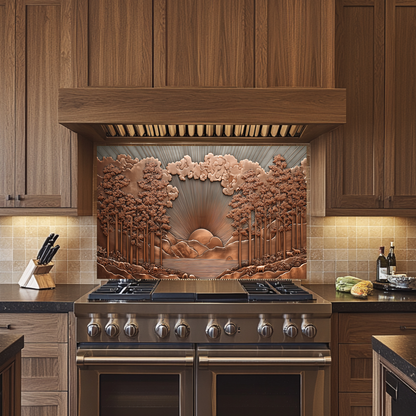 Copper Tone Sun Shine & Glass Tree Landscape Printed Tempered Glass Kitchen Backsplash Splashback or Wall Art Panel