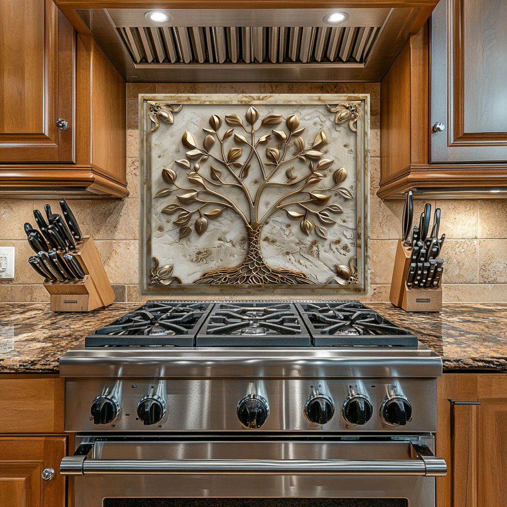 Stone Background Look Golden Tree of Life One Piece Tempered Glass Kitchen Splashback For Stove Behind, Kitchen Backsplash, Kitchen Backsplash, Wall Art