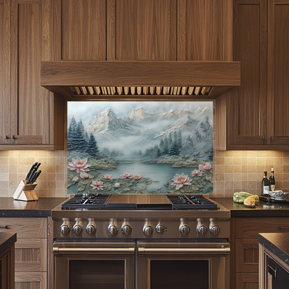 Made in USA, Floral Landscape Tempered Glass Backsplash Behind Stove & Wall Art – Rustic Pine Tree Splashback
