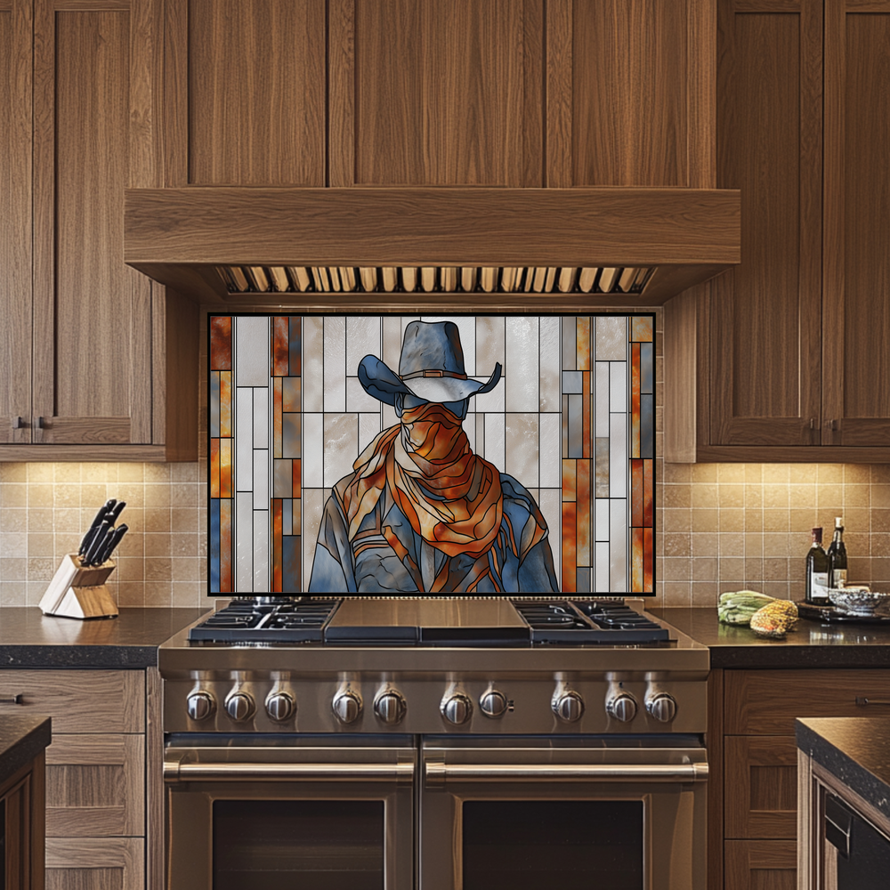 Stained Glass Style Western Cowboy Glass Backsplash Panel, UV Printed Tempered Kitchen Wall Art, Rustic Western Home Decor