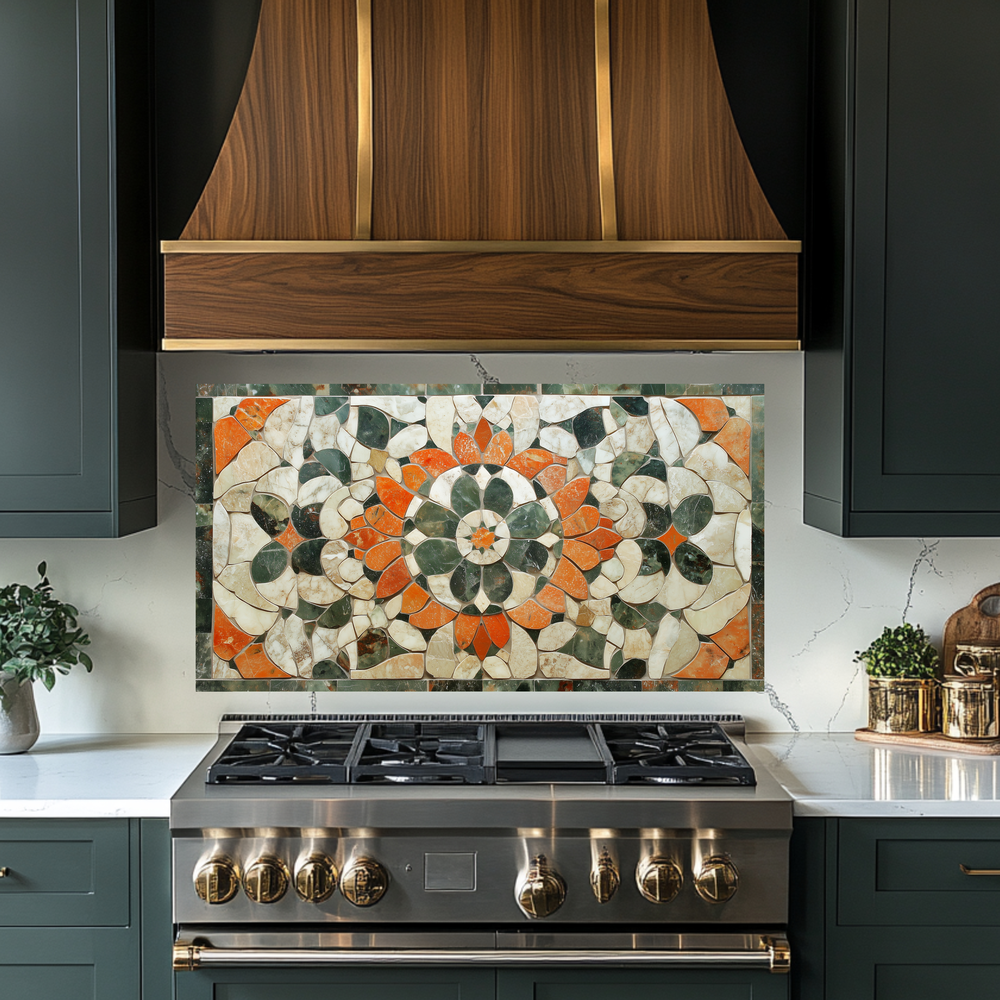 American Made Floral Mosaic Look Glass Backsplash Behind Stove – Rustic Farmhouse Kitchen Backsplash Tile, Flower Leaf Splashback