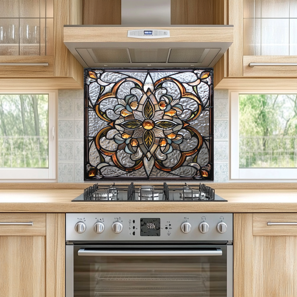 Stained Glass Look One Piece Tempered Glass Kitchen Splashback For Stove Behind, Kitchen Backsplash, Wall Art