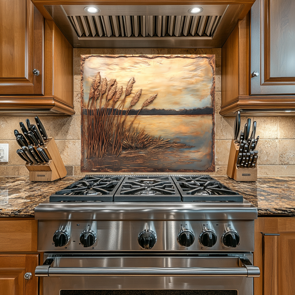 Copper Relief Look Reeds One Piece Tempered Glass Kitchen Splashback For Stove Behind, Kitchen Backsplash, Wall Art