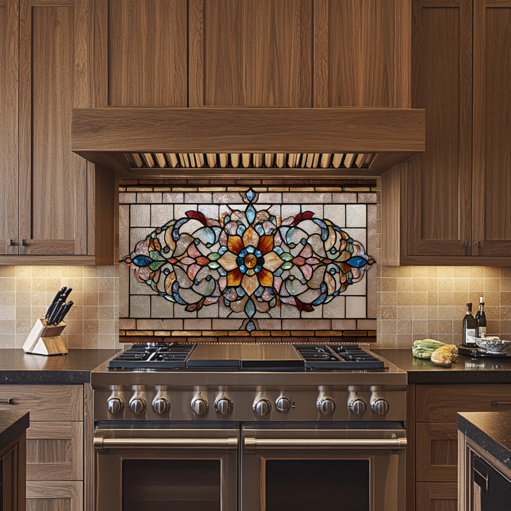 Kitchen Glass Backsplash with Stained Glass Style Design, UV Printed Tempered Glass Panel, Timeless Home Wall Art