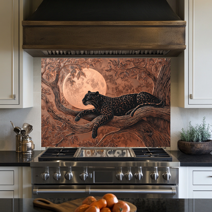 Copper Leopard Nature Glass Backsplash Panel, Tempered Glass Wall Art, Wild Jungle Rustic Kitchen Decor, Animal Print Stove Protector
