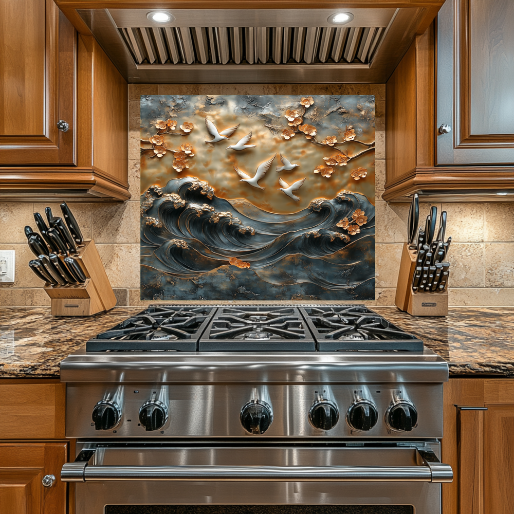 Waves and Pigeons Prints One Piece Tempered Glass Kitchen Splashback For Stove Behind, Kitchen Backsplash, Wall Art